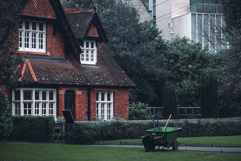A residential garden scene featuring a variety of elements including a wooden fence in the foreground, with some tools and gardening debris visible along the base. Behind the fence, lush green trees w